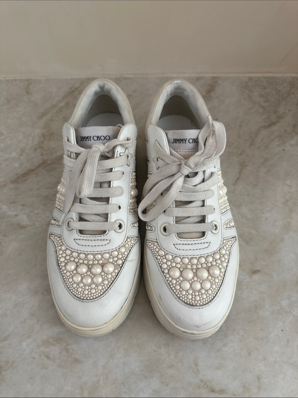 Jimmy Choo White Pearl & Crystal Embellished Leather Sneakers